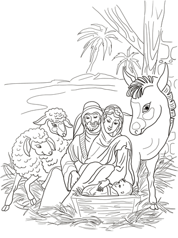 Nativity Scene With Holy Family And Animals Coloring Page